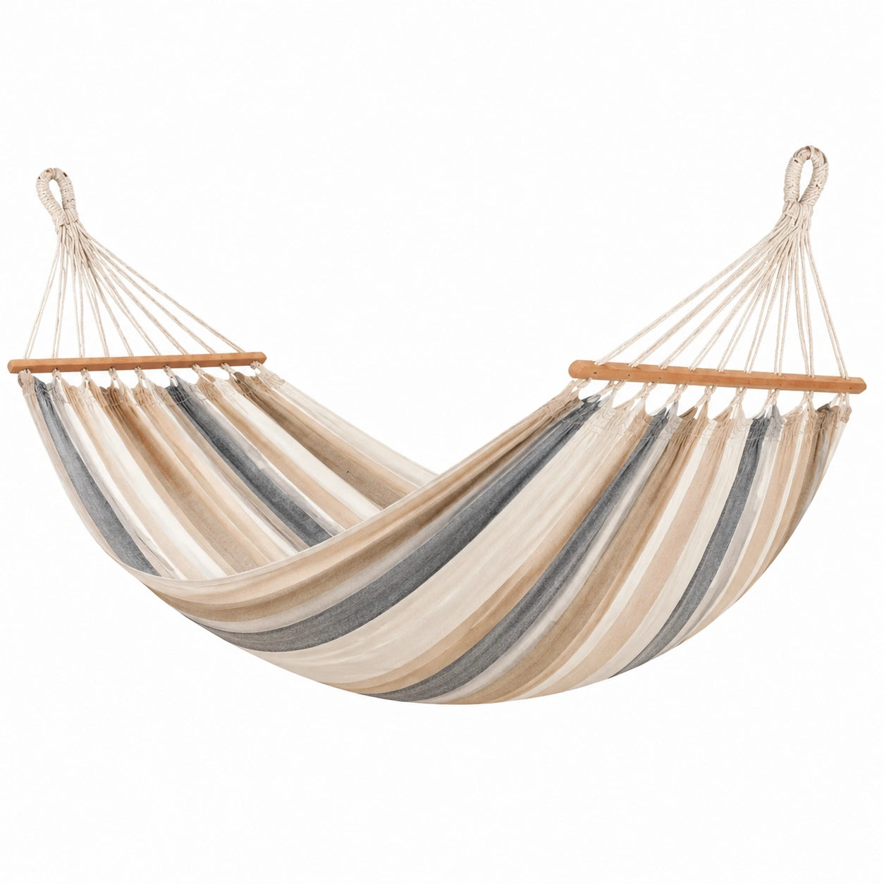 Amaca in cotone con barre in legno a strisce beige e grigio