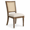 Sedia in legno con schienale in rattan e seduta in tessuto beige