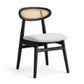 Sedia in legno con seduta in tessuto grigio e schienale in rattan