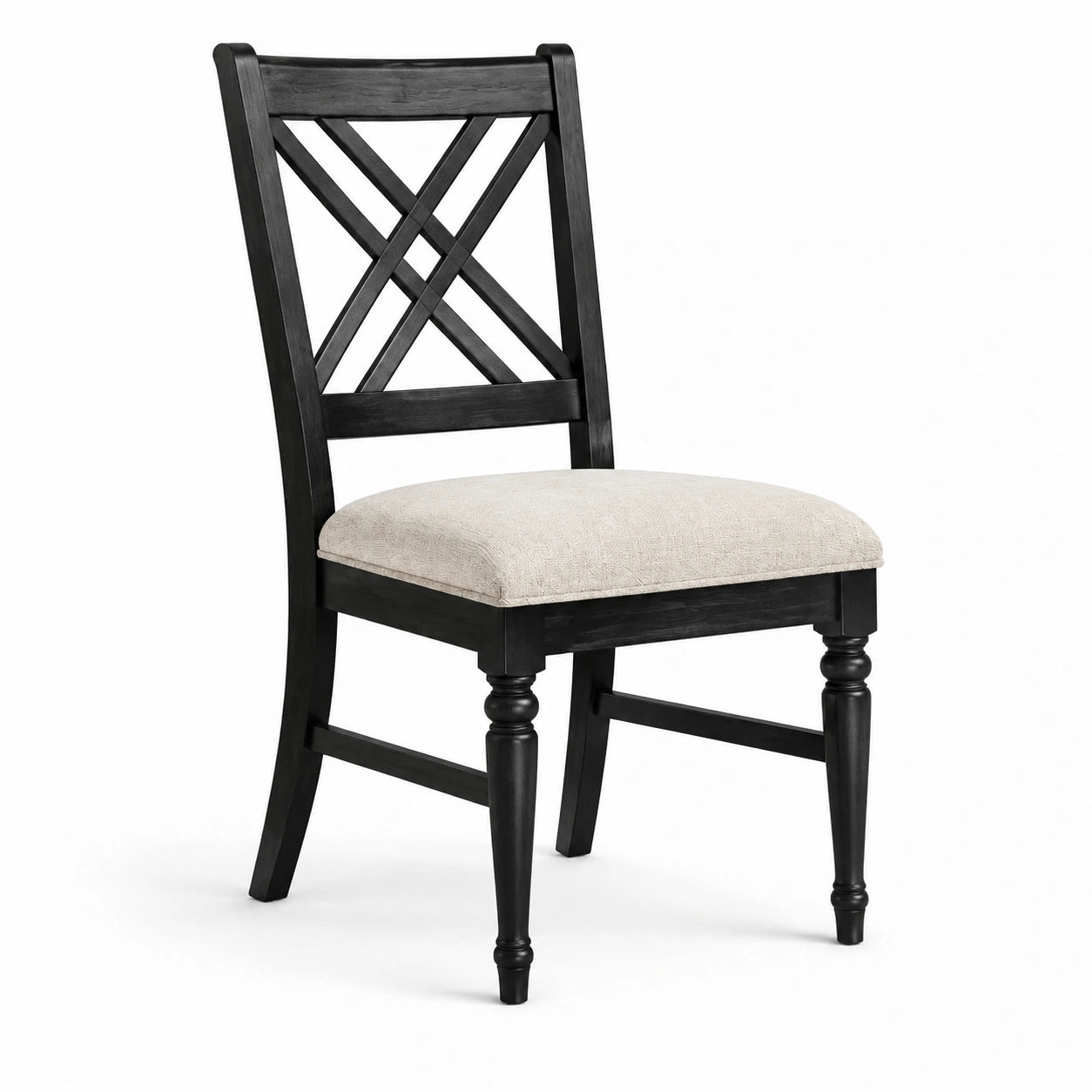 Sedia in legno con seduta in tessuto beige e schienale a incrocio