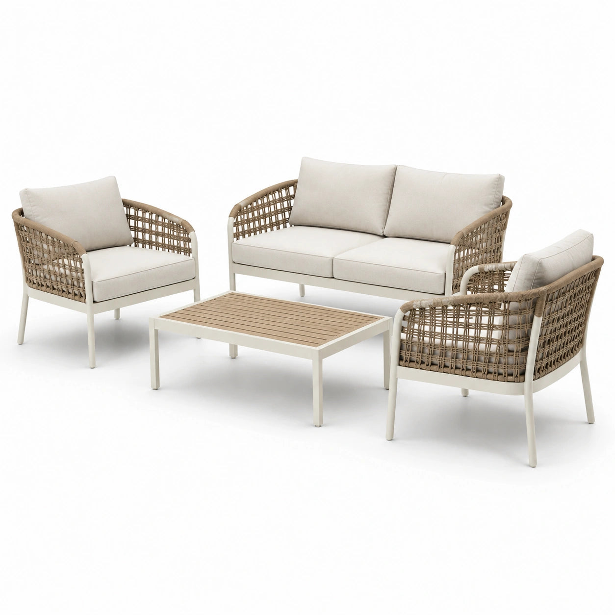 Set Arredo da Giardino in Alluminio e Rattan con Cuscini Crema