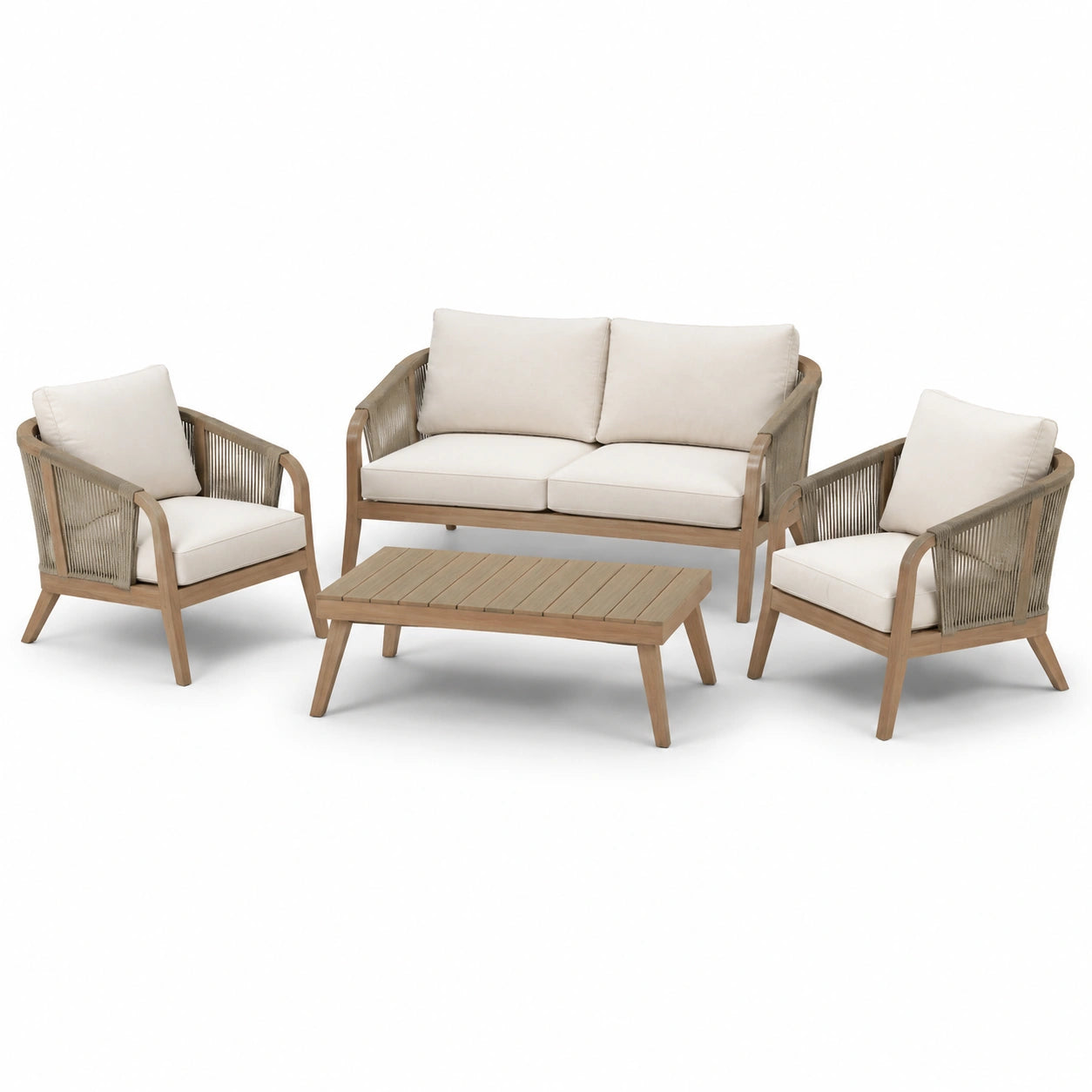 Set di mobili da giardino in legno con divano, poltrone e tavolino, beige