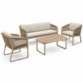 Set in legno e fibra sintetica per esterno con divano e poltrone beige