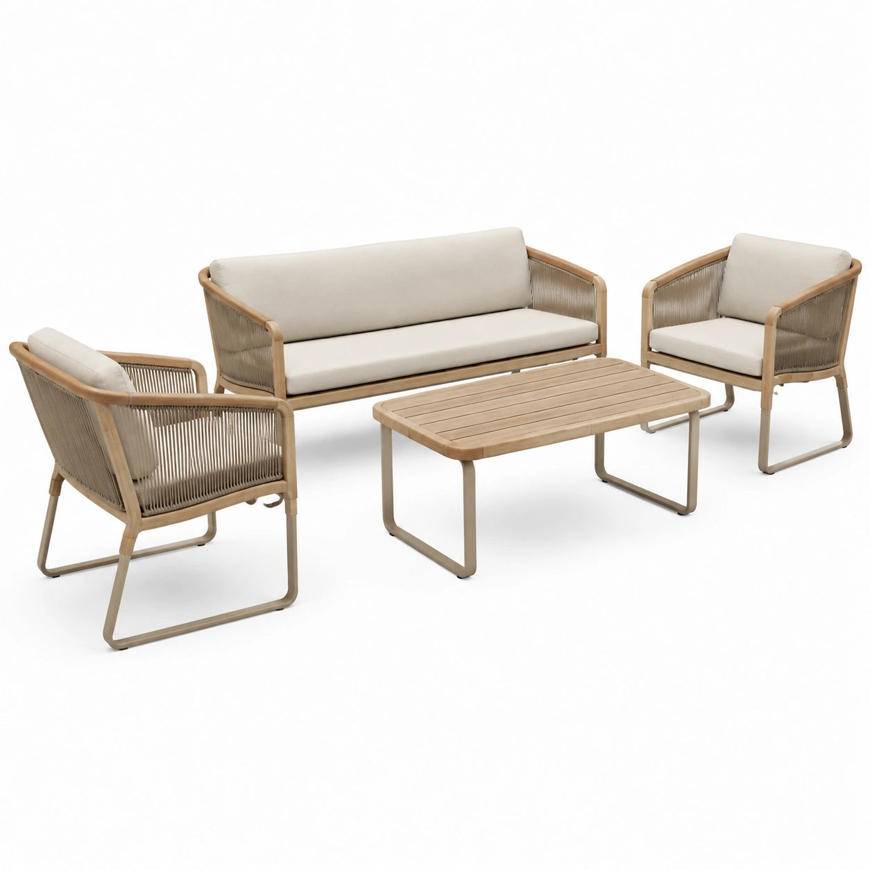 Set in legno e fibra sintetica per esterno con divano e poltrone beige