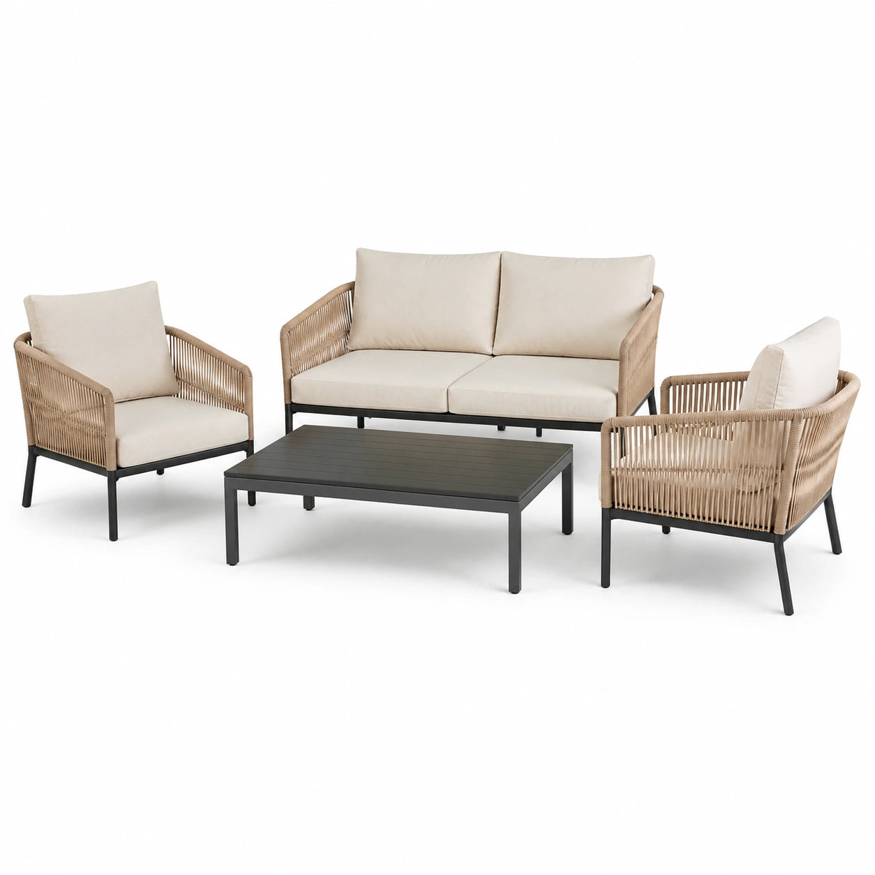 Set giardino in alluminio con divano, poltrone e tavolino, crema/marrone, corda di poliestere