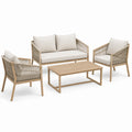 Set di mobili da giardino in legno e tessuto beige con divano, poltrone e tavolino