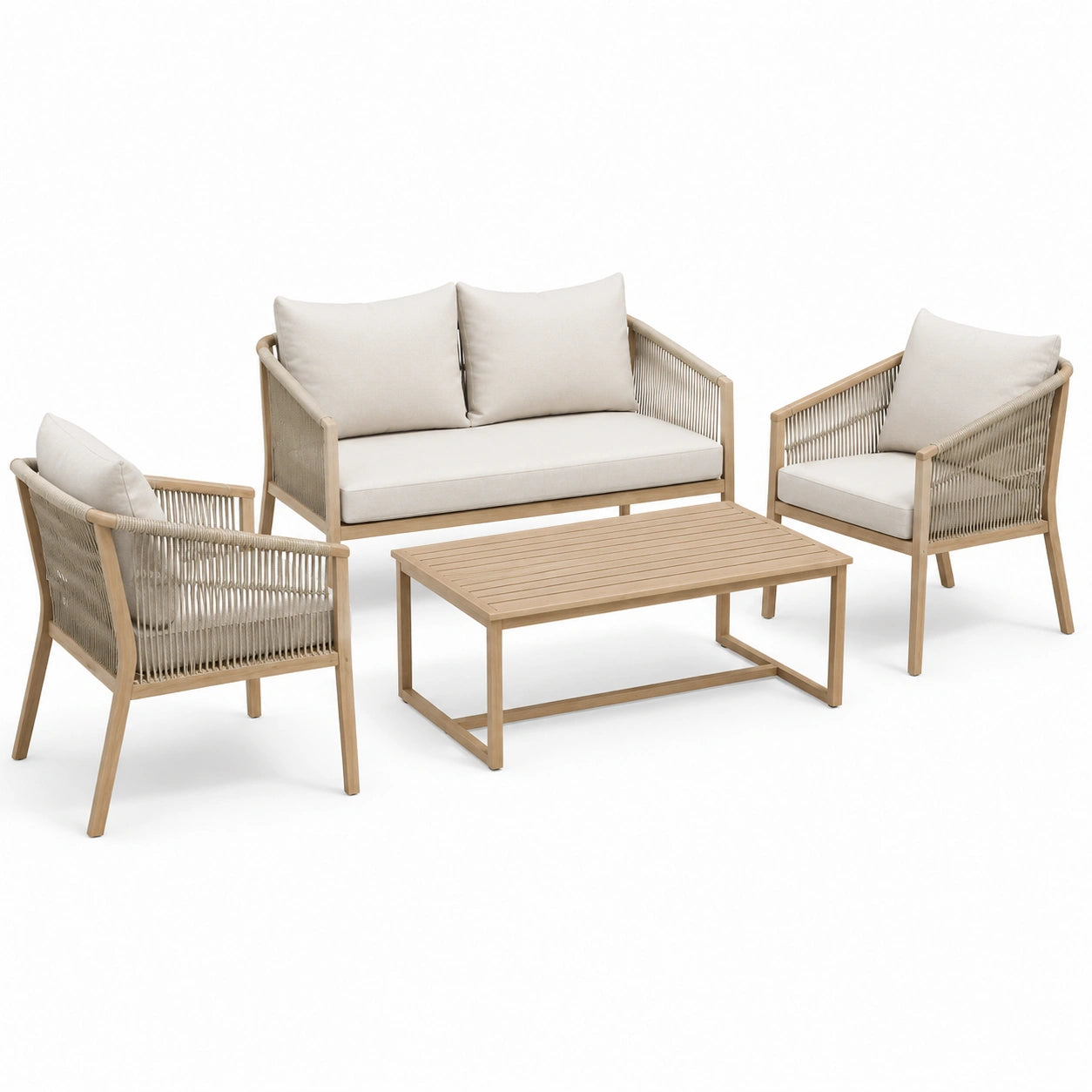 Set di mobili da giardino in legno e tessuto beige con divano, poltrone e tavolino