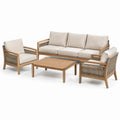 Set salotto giardino 4 pezzi in teak e corde con cuscini