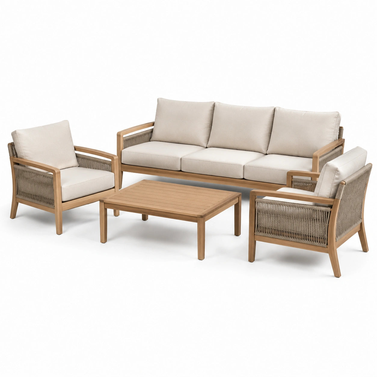Set salotto giardino 4 pezzi in teak e corde con cuscini
