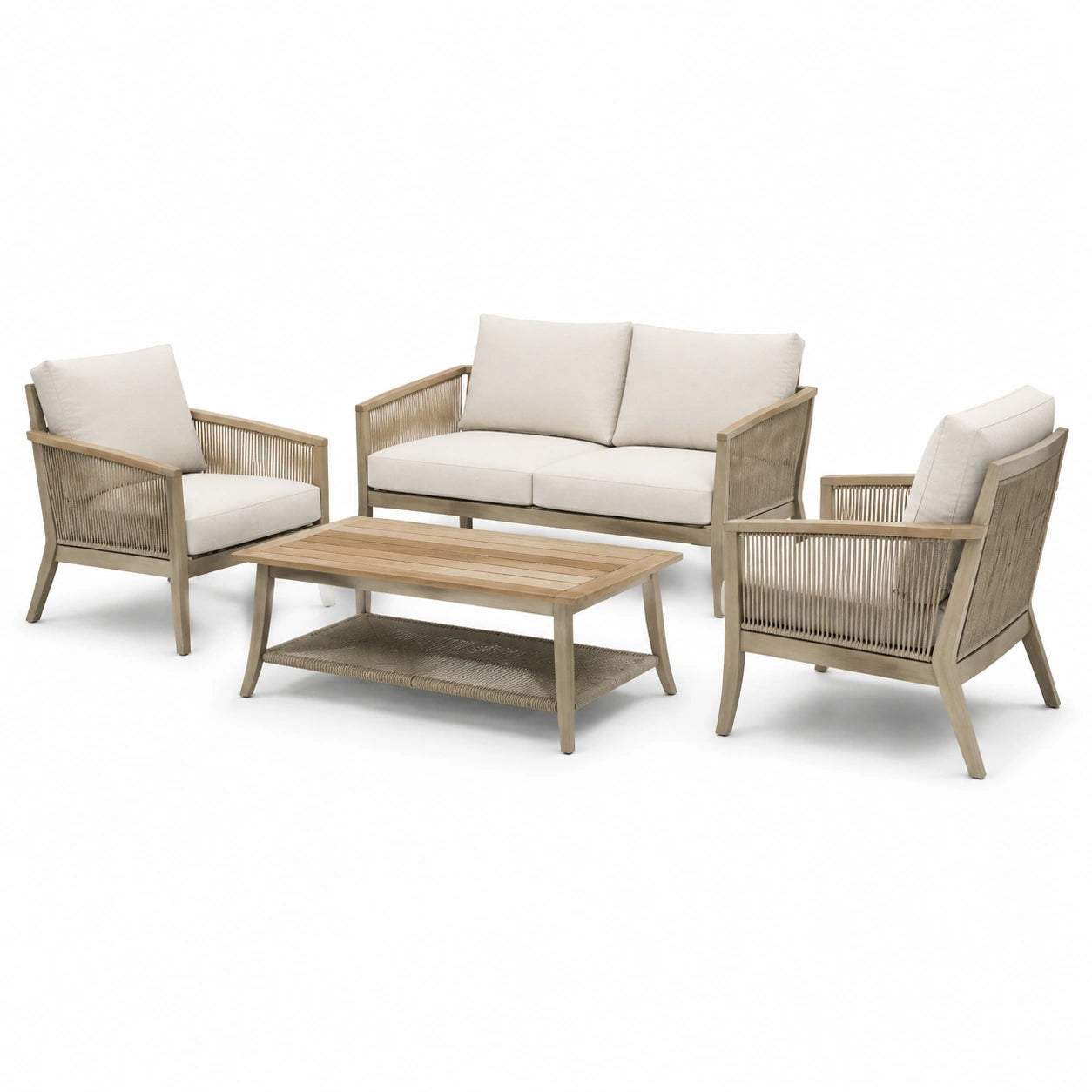 Set Divano da Giardino in Legno con Cuscini Crema