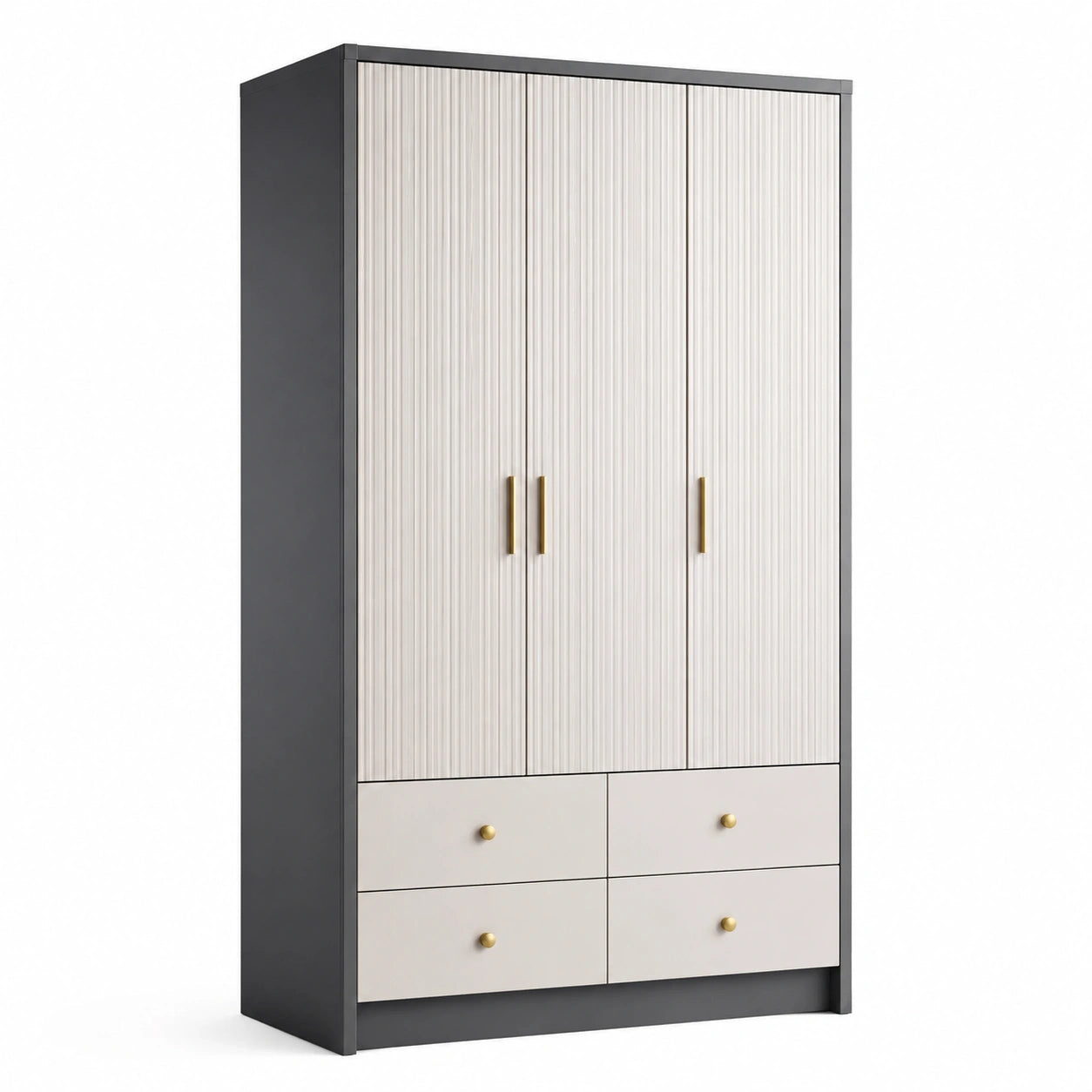 Armadio a tre ante con quattro cassetti in legno composito bianco e antracite
