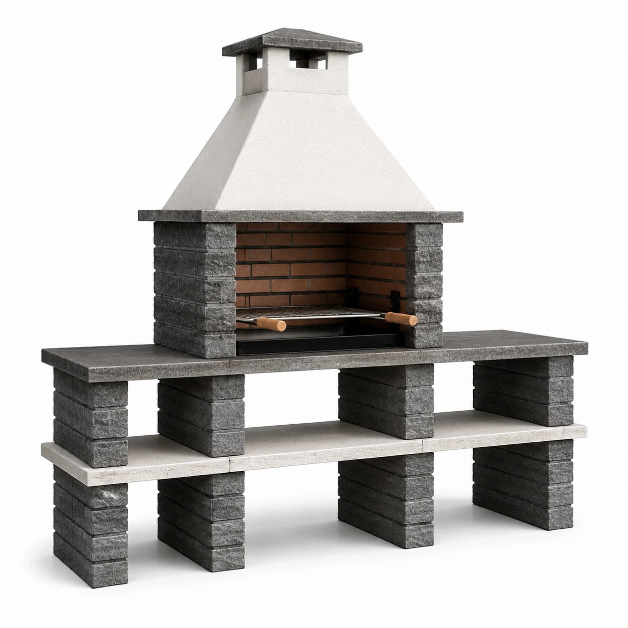 Barbecue in pietra naturale grigio con cappa e griglia