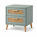 Comodino a due cassetti in legno e rattan grigio-verde