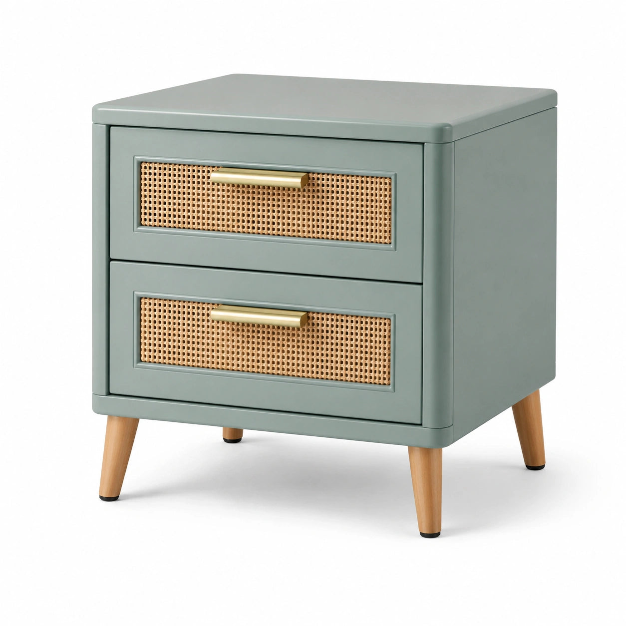 Comodino a due cassetti in legno e rattan grigio-verde
