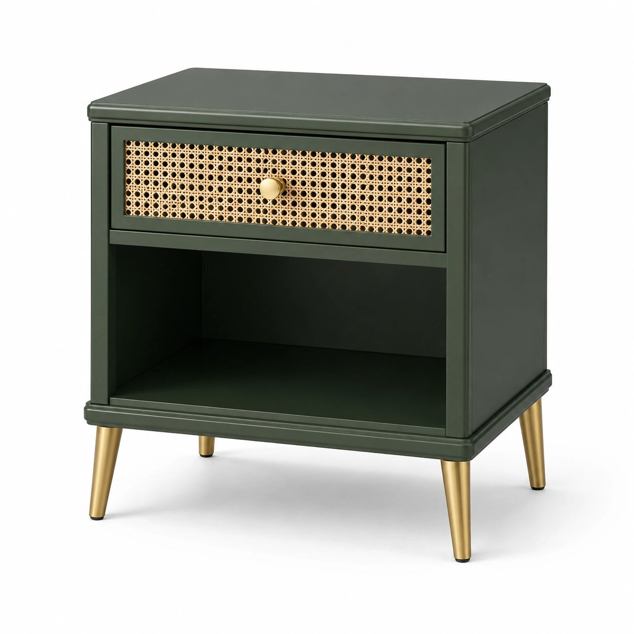 Comodino in legno verde con rattan e gambe in metallo