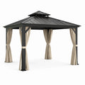 Gazebo da Giardino in Metallo Nero con Tende in Poliestere Beige
