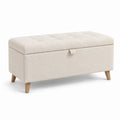Panca contenitore in tessuto poliestere beige con gambe in legno di quercia 120x40x45 cm